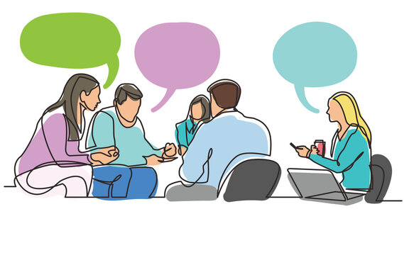 continuous line drawing work team having meeting  employees colored PNG image with transparent background