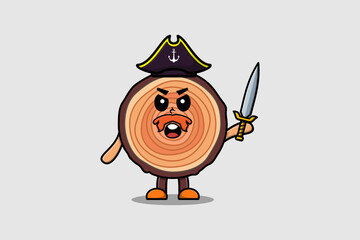 Cute cartoon mascot character Wood trunk pirate with hat and holding sword in modern design