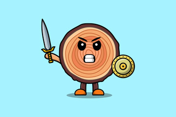 Cute cartoon character Wood trunk holding sword and shield in modern style design