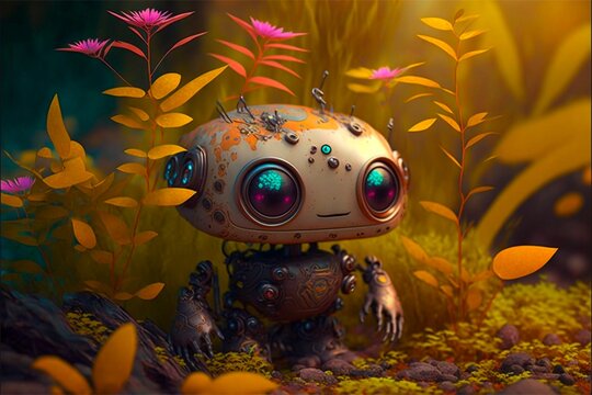 adorable robot explorer on alien world, generated image