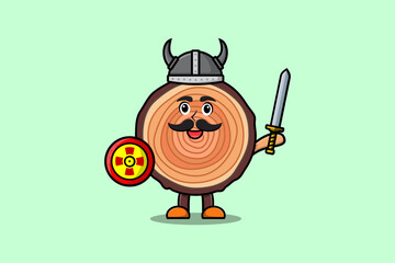 Cute cartoon character Wood trunk viking pirate with hat and holding sword and shield illustration