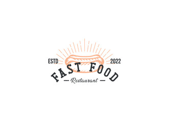 Hand drawn logo hot dog silhouette and modern vintage typography retro style vector illustration. Sausage label for fast food packaging and restaurant menu decoration.