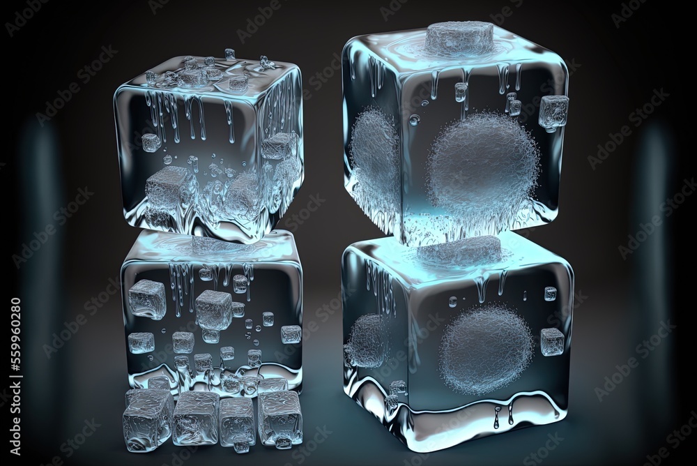Poster the ice cubes and the melting process with the raindrops are quite realistic. generative ai