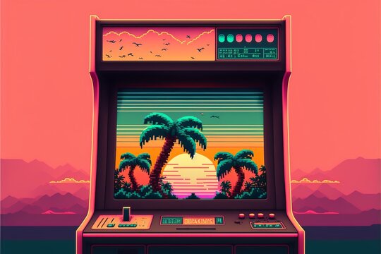 Retro arcade machine, 80s, pixel art style. Digital illustration AI
