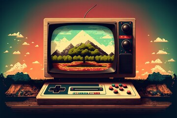 Old video game console with joystick, 8 bit, landscape in the background. Generative AI
