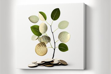 Lucky plant with coins in the base, white background. AI