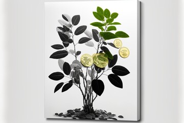 Lucky plant with coins on the branches, white background. AI