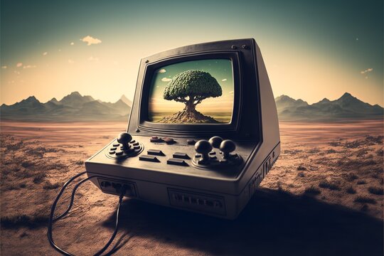 Old video game console with joystick, 8 bit, landscape in the background. Generative AI