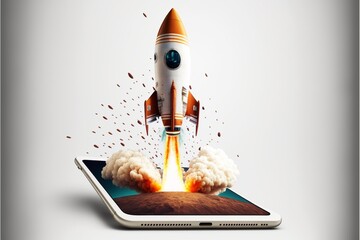 Rocket coming out of mobile phone screen, white background. AI digital illustration - obrazy, fototapety, plakaty