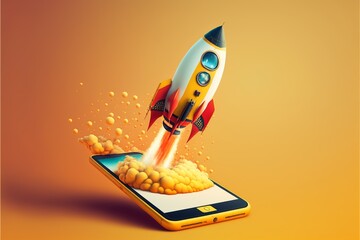 Rocket coming out of mobile phone screen, orange background. AI digital illustration