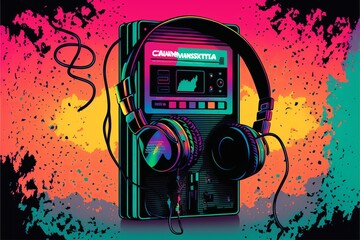 Fototapeta premium Walkman with headset, 80s, retro, colorful. AI digital illustration