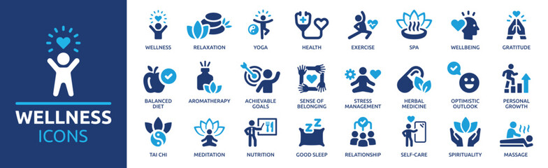 Wellness icon set. Containing massage, yoga, spa, relaxation, health, exercise, diet, wellbeing, meditation, aromatherapy and more. Solid icon collection. - obrazy, fototapety, plakaty