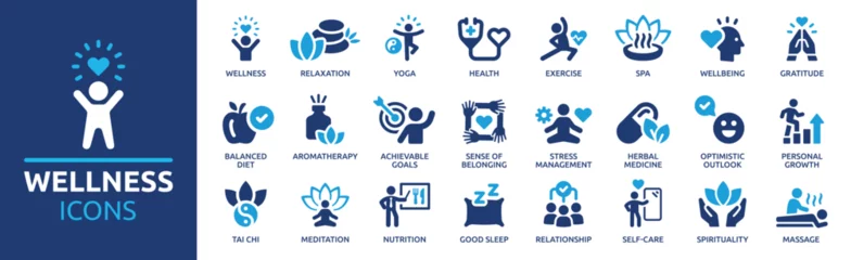 Tuinposter Wellness icon set. Containing massage, yoga, spa, relaxation, health, exercise, diet, wellbeing, meditation, aromatherapy and more. Solid icon collection. © Icons-Studio