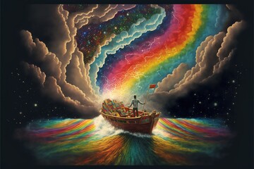 Psychedelic illustration, a man in a boat