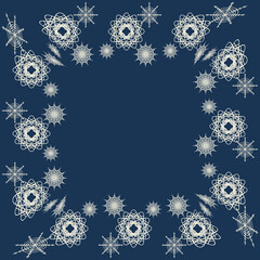 frame with snowflakes winter background in a modern style on a dark background. Decoration of the winter Christmas holiday. An element of winter decor. Christmas blue background. Vector background.