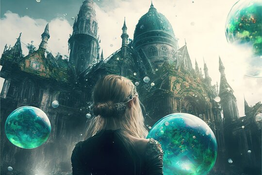 Young girl in the ruined city. Young girl with the magic balls floating above the ruined city. Digital art style , illustration painting .