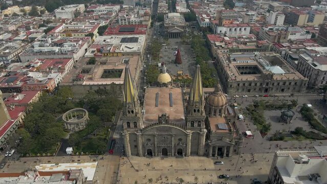 Guadalajara Metropolis With The Famous Blessed Sacrament Temple (Templo Expiatorio del Sant&iacute;simo Sacramento) In Jalisco State, Western Mexico. Aerial Drone Shot