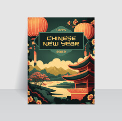 Happy Chinese New Year. Traditional poster concept with green, red, and yellow colors combination