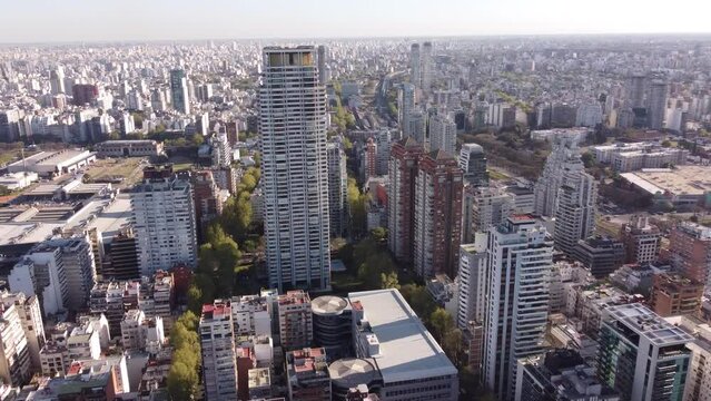 Aerial drone scenic view of Le Parc Tower high skyscraper luxury residential building in Palermo neighborhood of Buenos Aires in Argentina