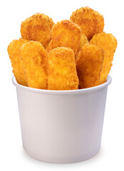 Fried Fish sticks in paper bag isolated on white, Fried fish fingers  Isolated on White background, With work path.