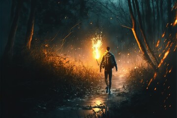 A man walks with a torch through a swamp - obrazy, fototapety, plakaty