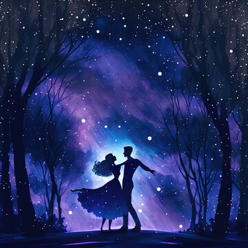 couple dancing in the night with stars and planets universe background