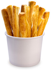 Baked bread stick in paper box  isolated on white background, Pretzel baked bread on white With clipping path.