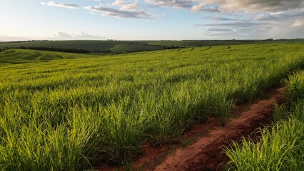 Sugar cane hasvest plantation aerial. Aerial top view of a agriculture fields. Sugar Cane farm. Sugar cane fields view from the sky. Cana-de-açúcar produzindo energia renovável. Etanol. 4K. © Raje Photos Stock