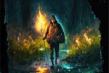 A man walks with a torch through a swamp