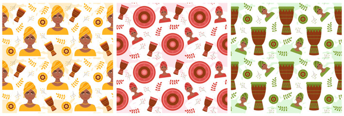 Set of Black History Month Seamless Pattern of African American Holiday in Template Hand Drawn Cartoon Flat Design Illustration