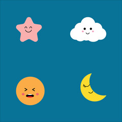 Fototapeta premium Smile faces with various facial expressions. Cute emoji symbols for internet chatting. Cute cartoon star emoji set. Collection of difference emoticon icon of cute star cartoon isolated .