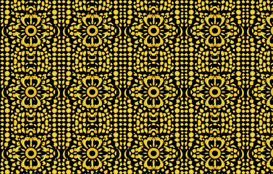 Black abstract pattern with golden mandalas