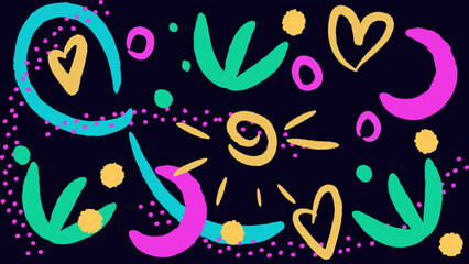Abstract neon colour doodle shapes on dark background