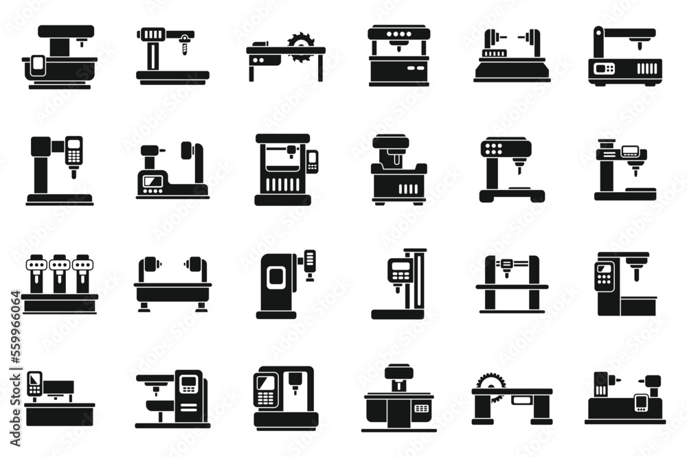 Poster cnc machine icons set simple vector. mill controller. router tool