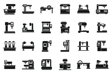 Cnc machine icons set simple vector. Mill controller. Router tool