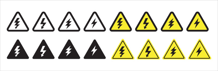 High voltage icon set. High voltage sign. Electric shock risk label. Vector stock illustration. Lightning bolt arrow symbol.