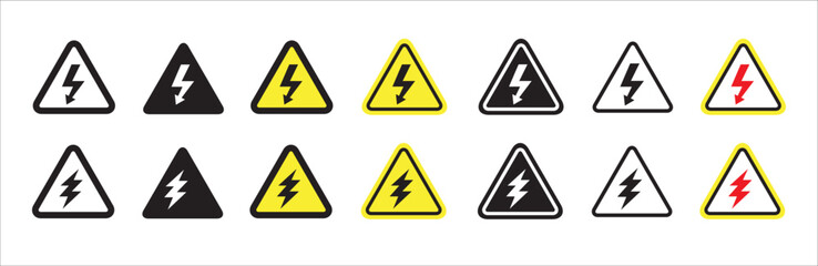 High voltage icon set. High voltage sign. Electric shock risk label. Vector stock illustration. Lightning bolt arrow symbol.