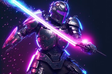 Obraz na płótnie Canvas Neon knight in armor with a glowing plasma sword