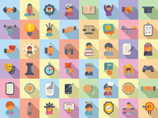 Coping skills icons set flat vector. Love stress. Breath anxiety