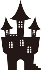 Halloween haunted house castle silhouette, black outline comic cartoon vector