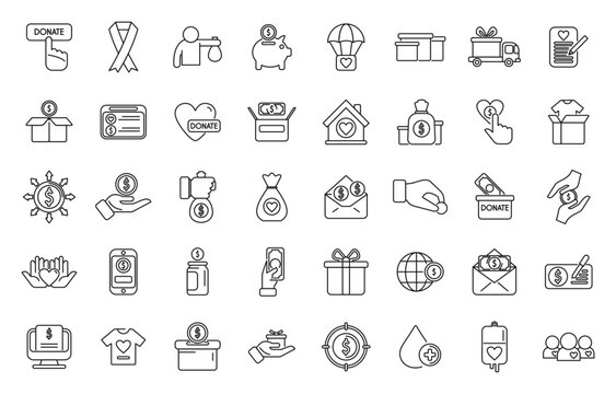 Fundraising icons set outline vector. Donate contribute. Give gift