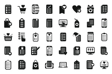 Wishlist icons set simple vector. Document page. Heart plus