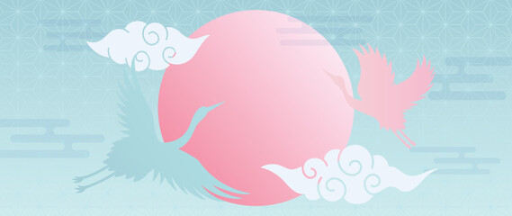 Japanese background vector illustration. Happy new year decoration template pastel color oriental japanese pattern style with crane bird, moon, and cloud. Design for card, wallpaper, poster, banner.