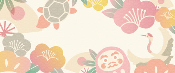 Japanese background vector illustration. Happy new year decoration template pastel japanese pattern style with daruma doll, flower shape, crane bird, fan. Design for card, wallpaper, poster, banner.