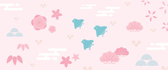 Japanese background vector illustration. Happy new year decoration template in pastel color japanese pattern style with flower shape, leaf, bird, elements. Design for card, wallpaper, poster, banner.