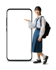 Full body Happy Asian student girl wearing uniform with hand holding open palm up, With stand near big smart phone blank screen workspace area
