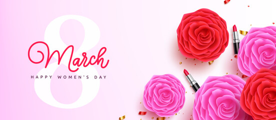 Women's day international vector design. Happy women's day march 8 text with camellia and rose flower elements for greeting card decoration background. Vector Illustration. 
