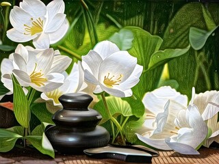 Fototapeta na wymiar Spa still life with flowers. Beautiful pictures of white lilies and green leaves.