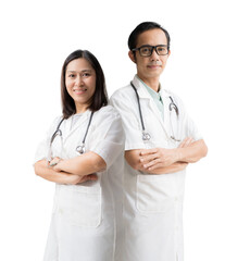 Fototapeta premium Medical Services. Asian doctor woman and man, Happy and Smiling Posing arms crossed, isolated background