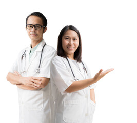 Fototapeta premium Medical Services. Asian doctor woman and man, Posing arms crossed with Hand open palm up, isolated background